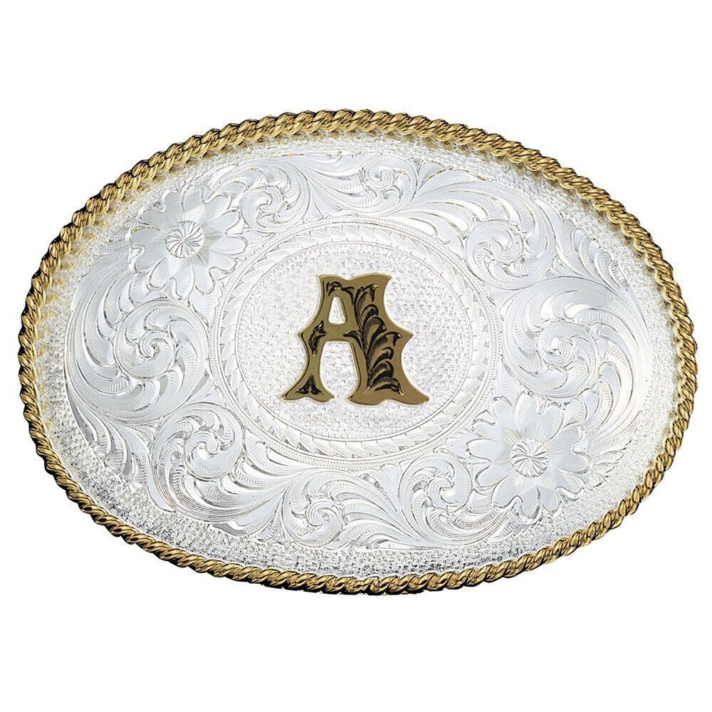 Montana Silversmiths Initial A Silver Engraved Gold Trim Western Belt Buckle