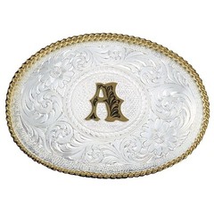Montana Silversmiths Initial A Silver Engraved Gold Trim Western Belt Buckle