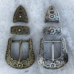 Western 3-Piece Belt Buckle Set Floral Engraved Silver Bronze Cowboy Rodeo Style