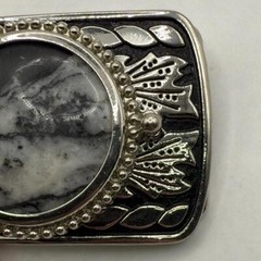 Vintage Silver Tone Black Belt Buckle Marble Stone Design Western Engraved