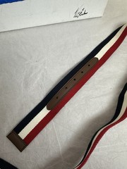 Polo Ralph Lauren Canvas &Leather Belt Script Logo Buckle Red White Blue Size 42
