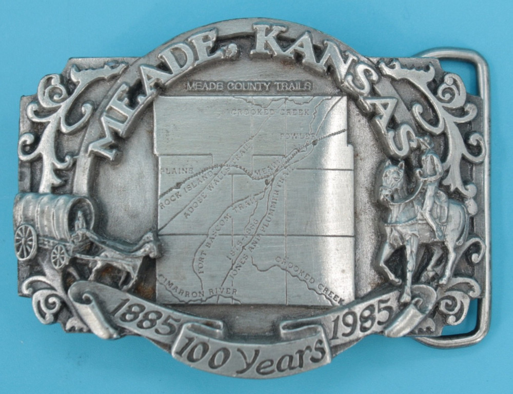 VTG 80s Meade Kansas Centennial Commemorative Western Belt Buckle 1985