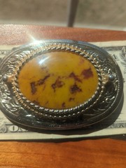 vintage oval belt buckle floral scroll w polished stone center