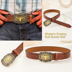 Western Cowboy-Belts for Men Big-Buckle Longhorn-Bull PU-Leather Rodeo Cowgir…