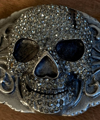 FREE SHP! Silver Dagger Belt Buckle Skull Metal Black Iridescent Rhinestones