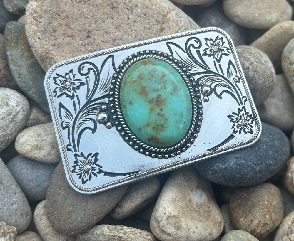 Turquoise Stone Western Belt Buckle Silver Plated Cowgirl Agate 1.5in Snap Fit