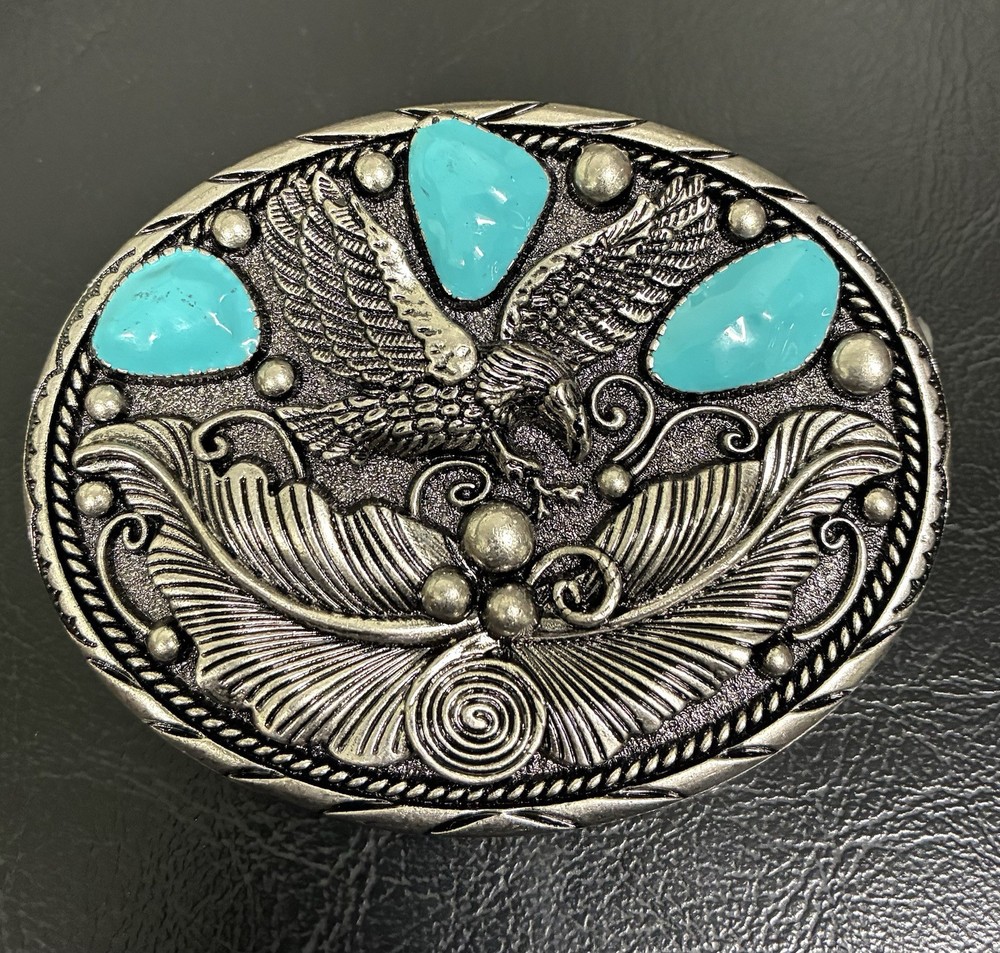 Silver Eagle Western Belt Buckle Turquoise Blue Stones Painted Native American