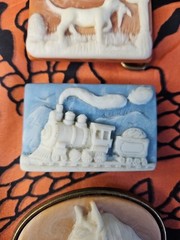 3 Vintage CAMEO belt buckles Horse, Train, and Hunting Dog. Robert Nemith