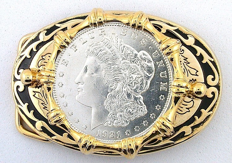 Gold Color Oval Western 1921 Morgan Silver Dollar Belt Buckle EBS8333