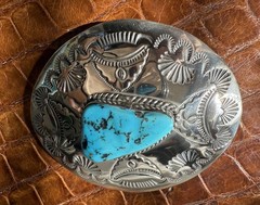 Gilbert Tom, Navajo Native, 925 Sterling silver & Turquoise Stone Buckle, Rare.