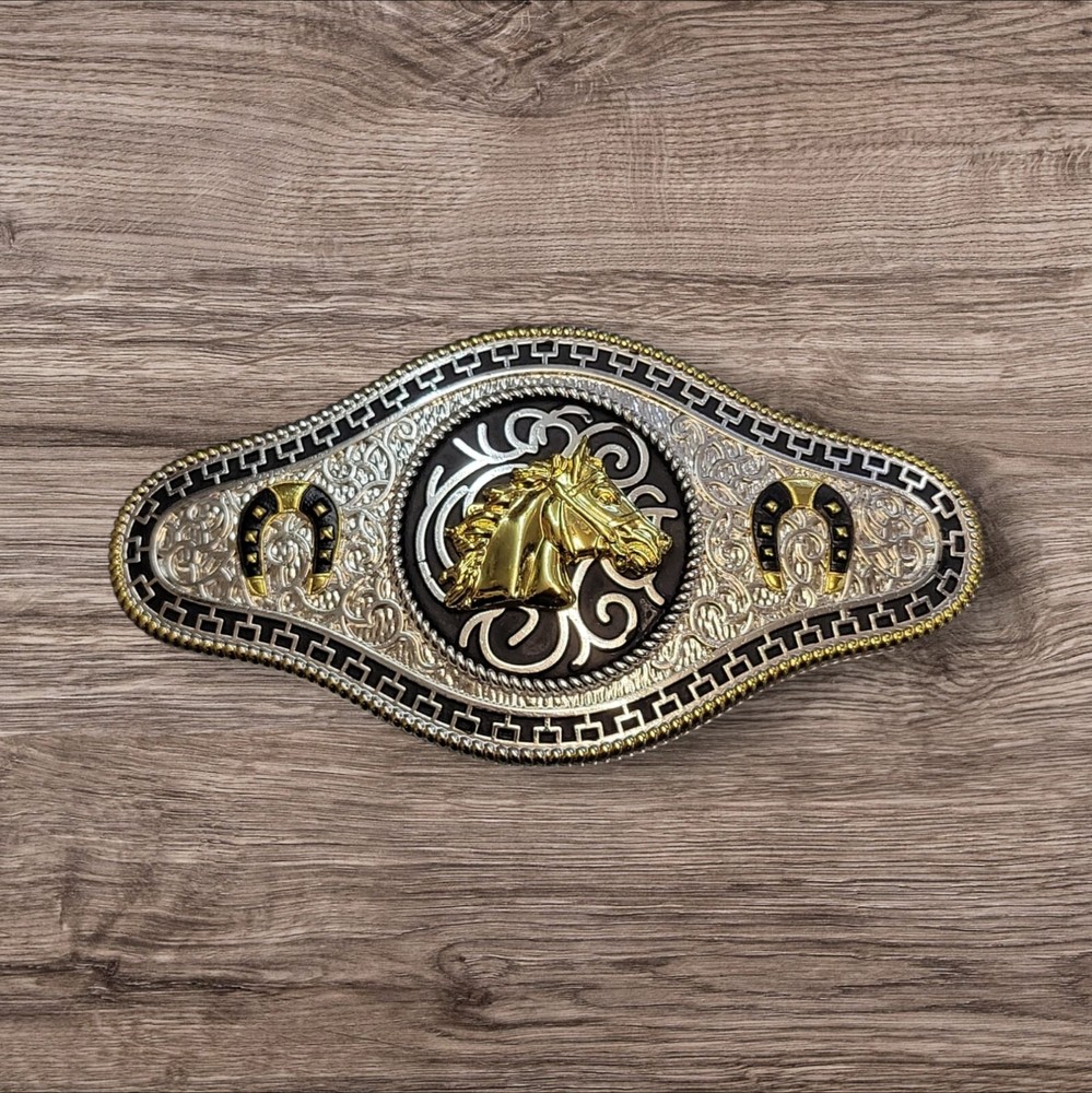 Cowboy/Charro Belt Buckle – Horse Head/Horse Shoe 6.5&Prime;x3.25&Prime; Silver/Black/Gold