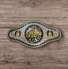 Cowboy/Charro Belt Buckle – Horse Head/Horse Shoe 6.5&Prime;x3.25&Prime; Silver/Black/Gold