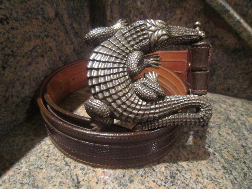 Huge Kieselstein-Cord Sterling Alligator W/Brown Leather/Lizard Belt Size 2