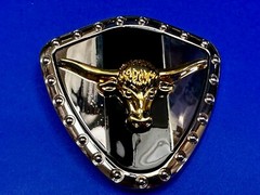 Long Horn Bull Steer Cow Black Stripe On Reflective Shield Pattern Belt Buckle