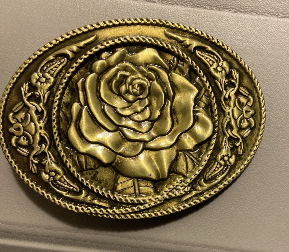 Vintage Bronze Plated Rose Western Oval Belt Buckle