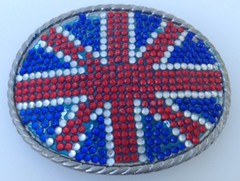 British Flag Belt Buckle Oval Beaded Sparkles About 3.75&Prime;x2.75