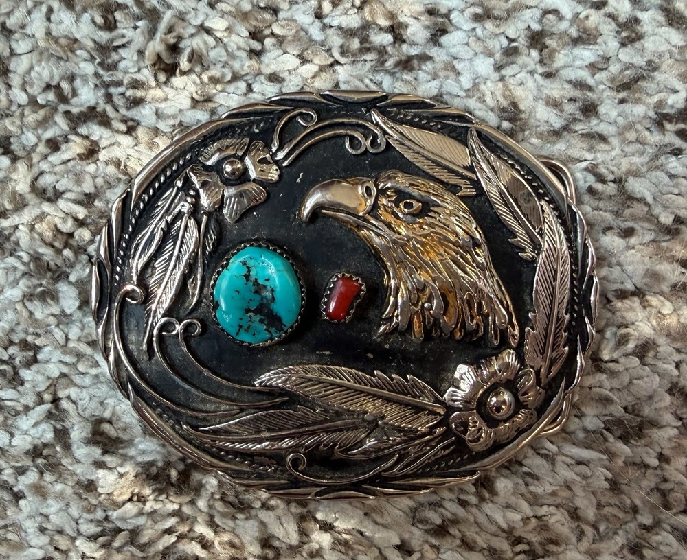 SSI Blue and Coral Turquoise Western Oval Eagle Floral Metal Belt Buckle