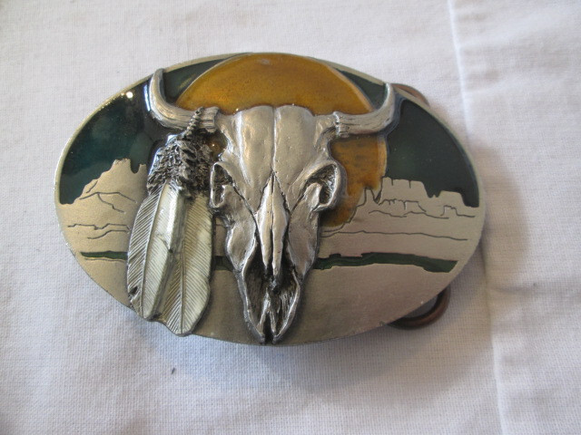 Buffalo Skull Buckle & Feathers Southwest Native American Yellow Sun Enamel