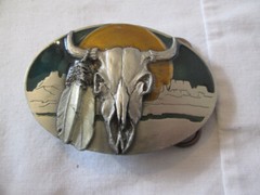 Buffalo Skull Buckle & Feathers Southwest Native American Yellow Sun Enamel