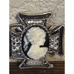 Vintage Gothic Cameo Maltese Cross Belt Buckle Silver Tone Rhinestone Mens Biker