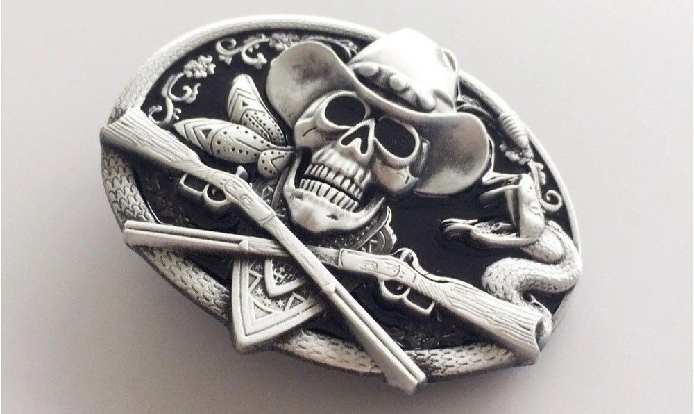 New Cowboy skull outlaw western Oval Silver Black Belt Buckle