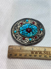 VTG Turquoise Belt Buckle Red Color Stones South Western Country Style Oval