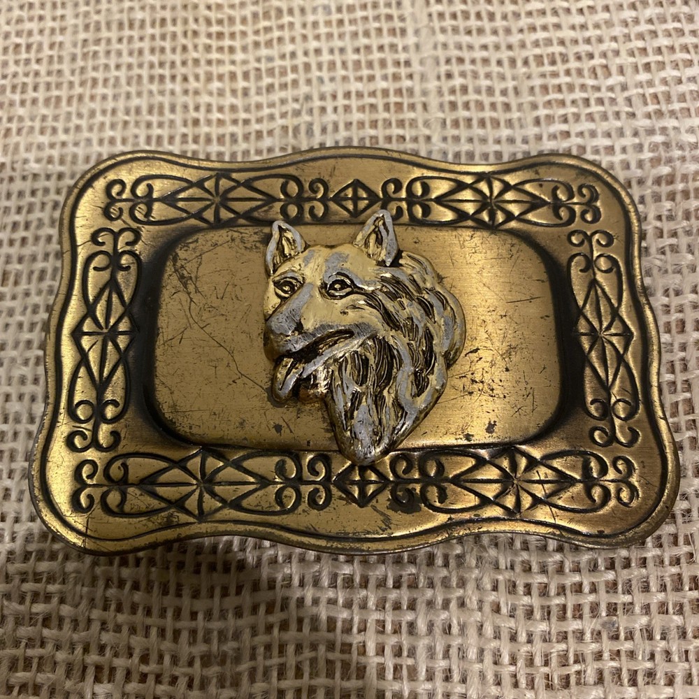 Vintage Western Belt Buckle Brass Wolf Japan