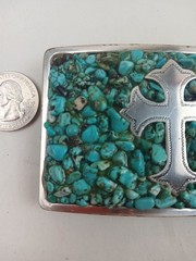 Nocona Silver Tone Western Cross Turquoise Inlay Rectangular Large Belt Buckle