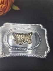 VINTAGE COVERED WAGON OVAL CENTER SILVERTONE BELT BUCKLE Cowboy Stagecoach