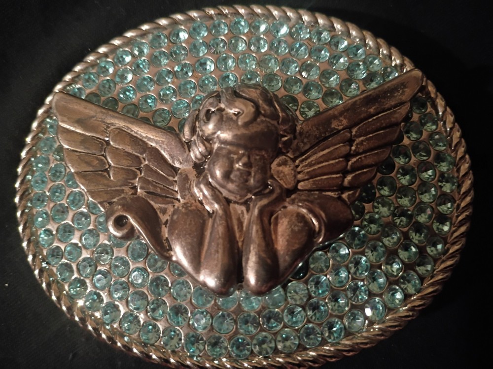 C. Russo Co. Angel Belt Buckle Rope Edge Gold Tone Blue Textured 1.5in