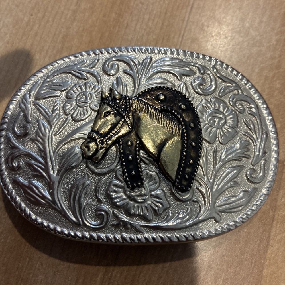 Cowboy Western Belt Buckle Horse Buckle Metal Oval Detailed Floral Design 3D