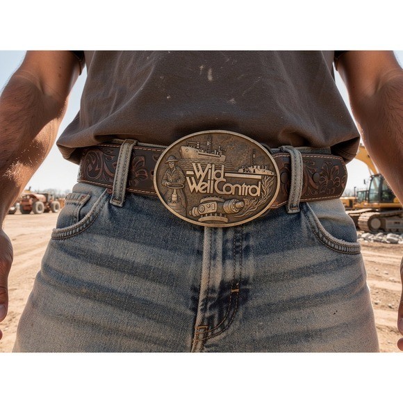 Justin tooled leather belt with bronze belt buckle limited edition western