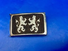 Crowned Griffon Lion&rsquo;s Family Crest Graphic Faux Wood Grain Belt Buckle