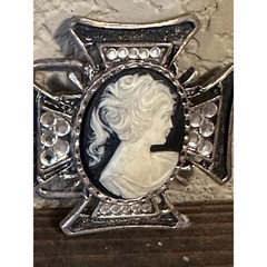 Vintage Gothic Cameo Maltese Cross Belt Buckle Silver Tone Rhinestone Mens Biker