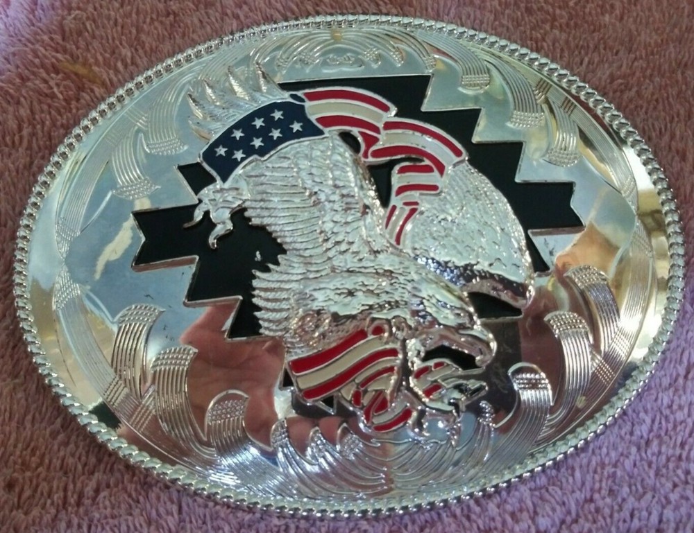 NWOT LARGE SILVER MIRROR STAR RED WHITE BLUE 3D EAGLE BELT BUCKLE 1 1/2&Prime; $65