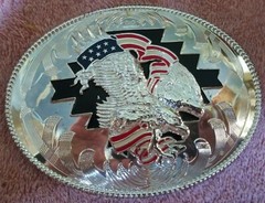 NWOT LARGE SILVER MIRROR STAR RED WHITE BLUE 3D EAGLE BELT BUCKLE 1 1/2&Prime; $65