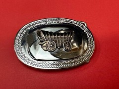 Vintage Covered Wagon On Reflective Oval Two Tone Western Belt Buckle