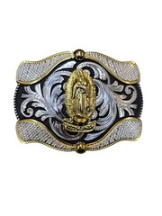 Cowboy Belt Buckle For Man – Virgin Mary 4.25&Prime;x3.25&Prime; Black Tone/Gold/Silver