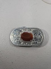 Vintage Silver Color Belt Buckle Metal Paisley Design Brown Stone Decorative