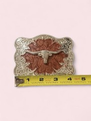 Decorative Longhorn Belt Buckle in Copper and Silver