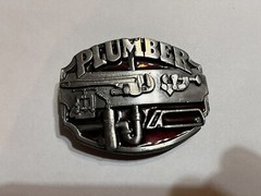 NICE PLUMBER BELT BUCKLE SOLID PEWTER WITH RED 1987 MADE IN USA SISKIYOU CO