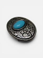 Western Native American Oval Silver Tone Metal Aqua Stone Metal Belt Buckle Vtg