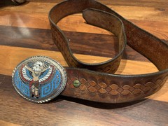 VTG INDIAN CHIEF W/BIRD MASK Eagle Belt Buckle AND LEATHER BELT 38&Prime;NICE!!!USA