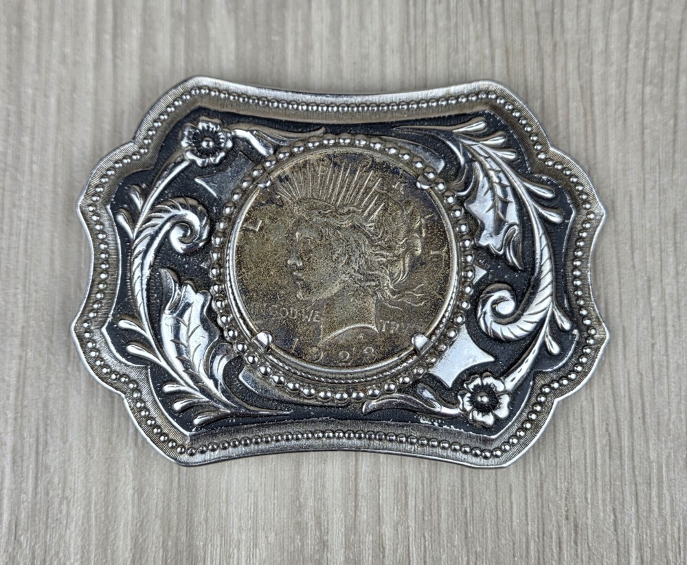 Vtg 1923 Peace Silver Dollar Coin Belt Buckle Engraved Scrollwork Western Cowboy