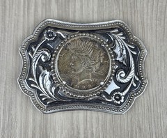 Vtg 1923 Peace Silver Dollar Coin Belt Buckle Engraved Scrollwork Western Cowboy