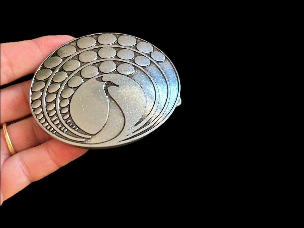 Vintage Peacock Belt Buckle Silver Tone Metal 70s Boho Western Cowboy Snap On