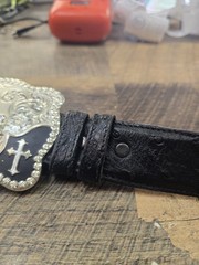 Montana Silversmiths Buckle Horse & Cross With Ostrich Black Jack Belt Sz 34
