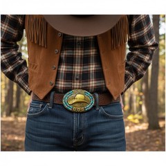Men Antique Gold Metal Western Belt Buckle Cowboy Hat Turquoise Blue Color Beads