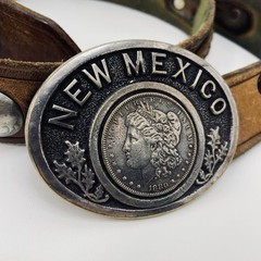 Pewter Belt Buckle 1880 Morgan Silver Dollar New Mexico Buffalo Nickel Leather