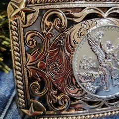 Centenario Cowboy Belt Buckle Western Rodeo Silver Rosetone Coin Rectangle